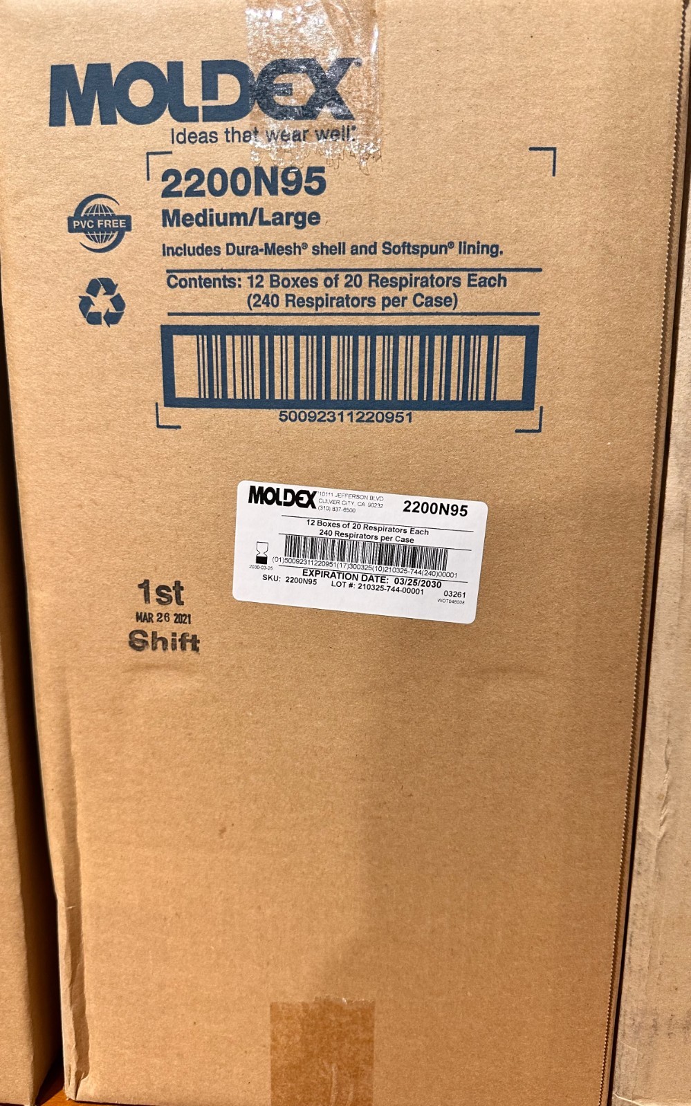 Moldex 2200 N95 Particulate Respirator MD/LG Dust Particle Masks 12 BX Case