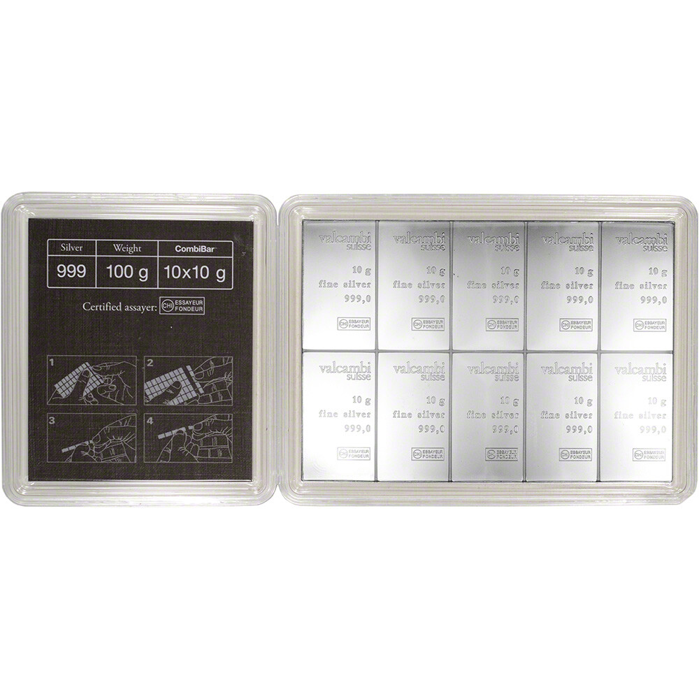Valcambi 10x10 Gram Silver CombiBar 3.215 oz with Assay Card