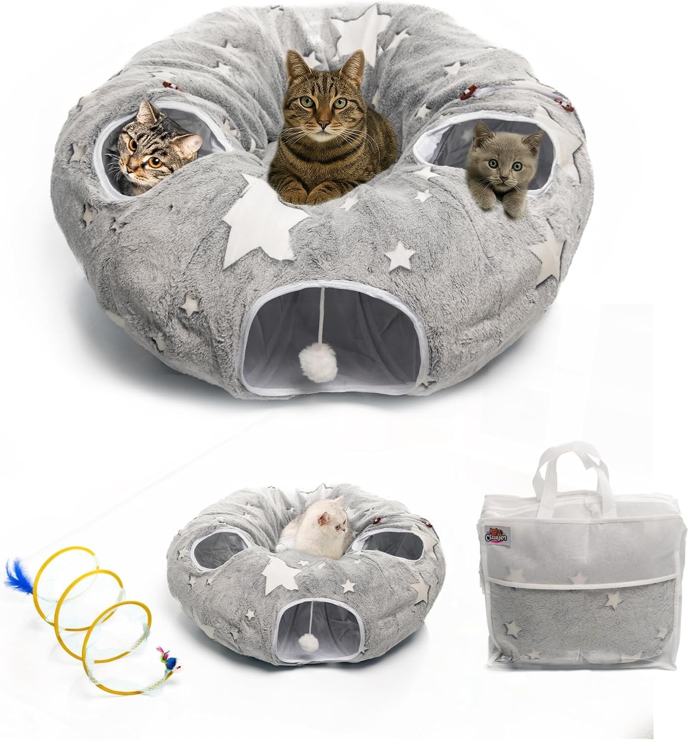 NEW Cat Tunnel Bed Indoor Cats - Plush Interactive Donut Tunnel w/ Dual Peekaboo