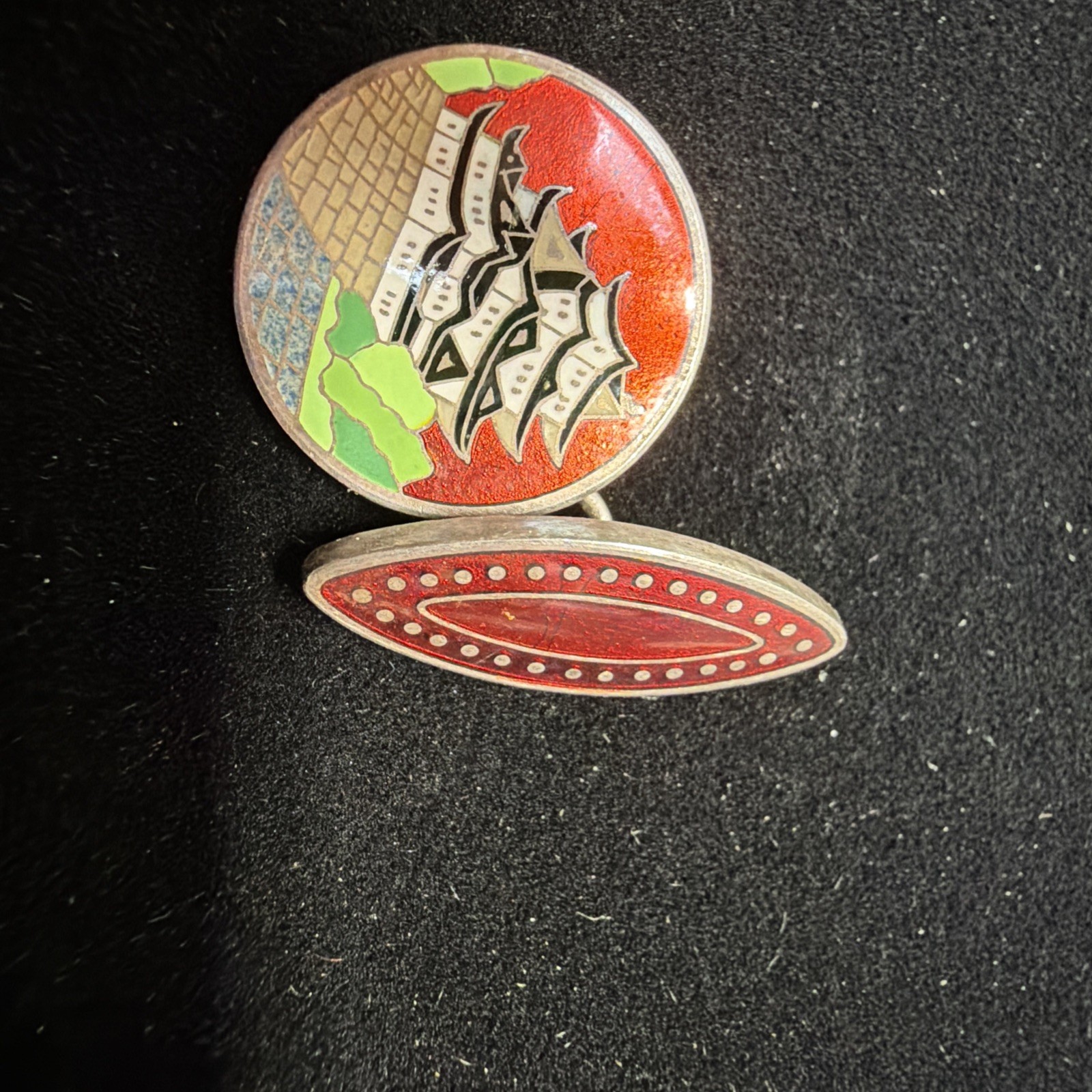 Vintage Japanese Cloisonne Enamel Sterling Silver Cufflinks Red House Palace