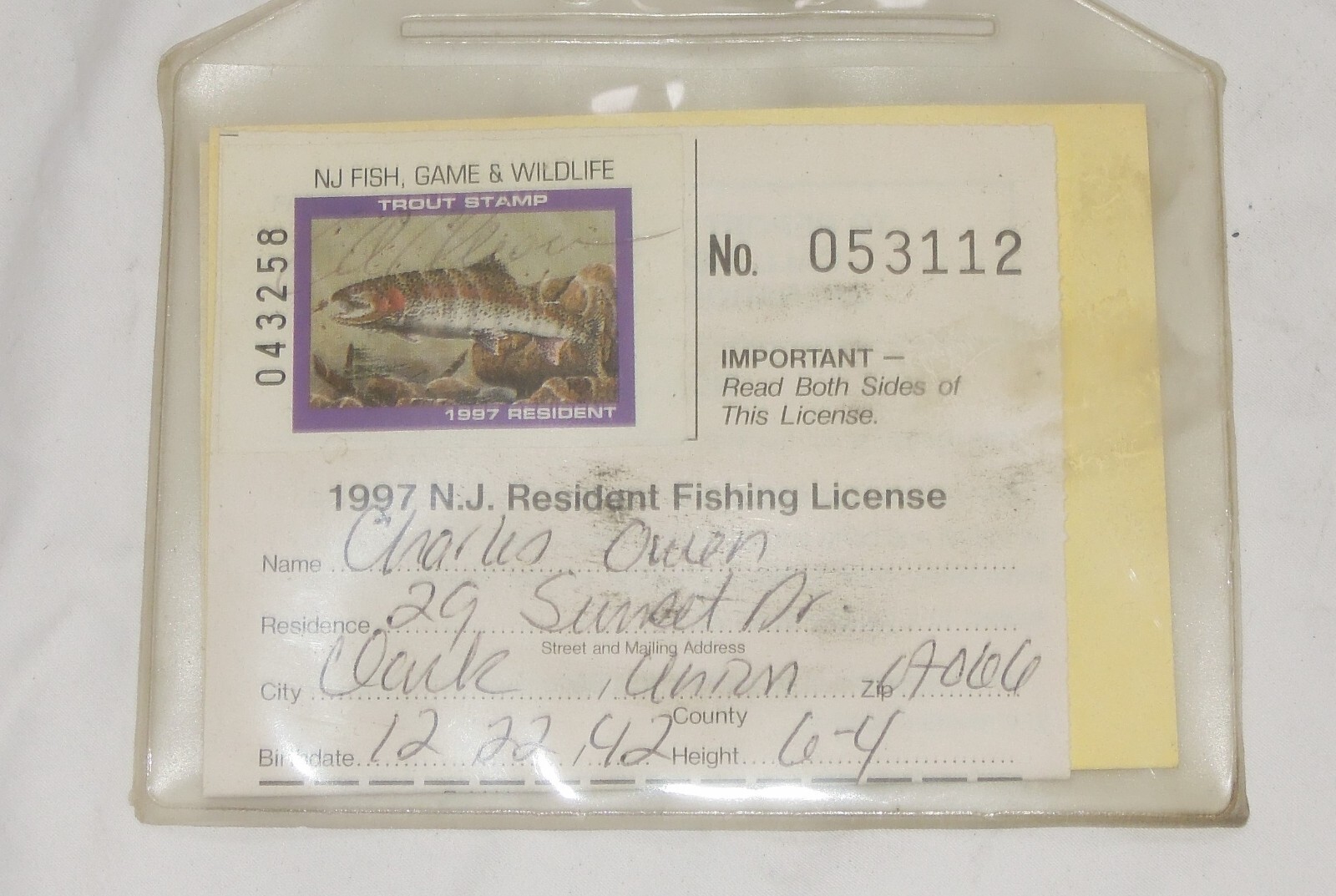Vintage 1997 NJ resident fishing license with trout stamp