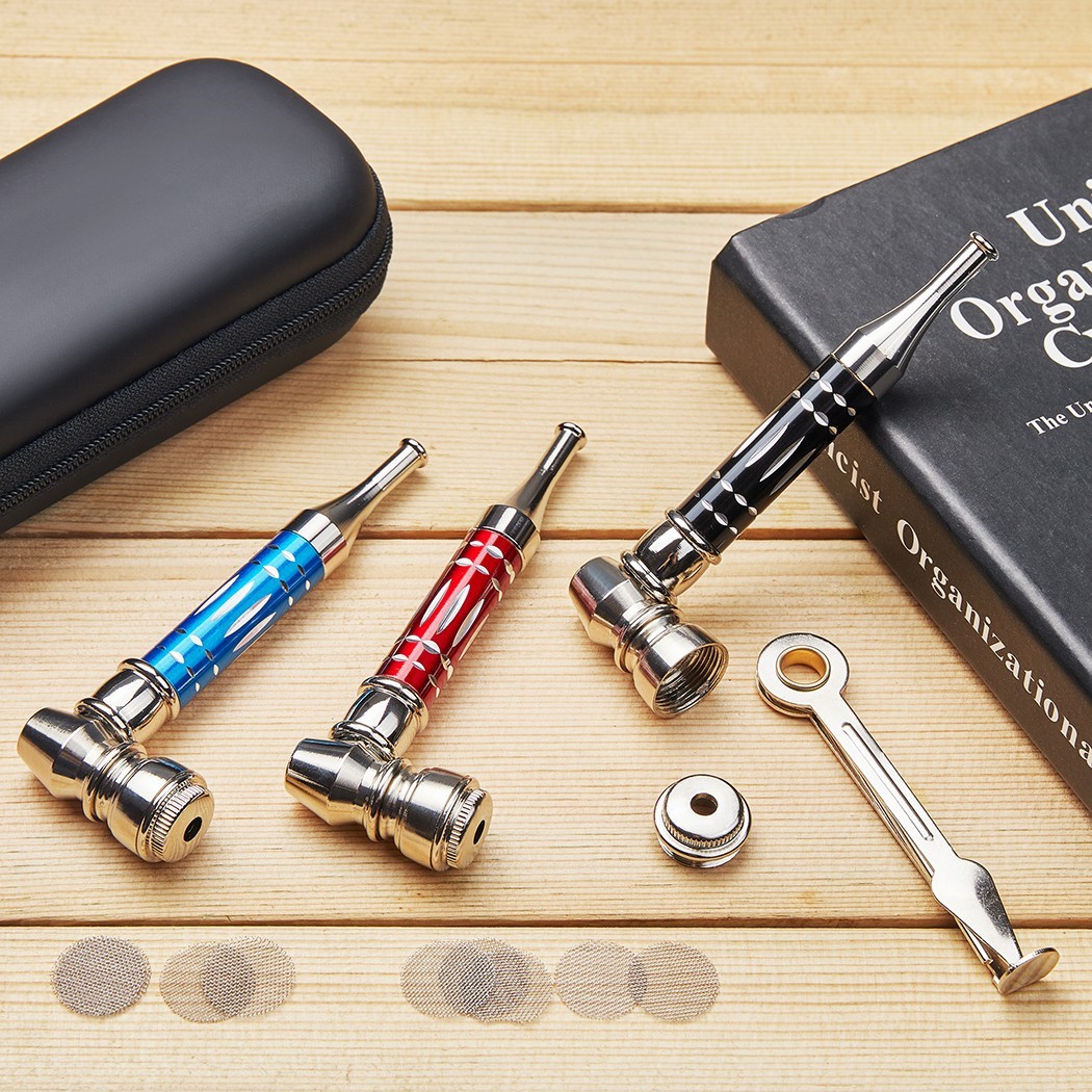 ( 3Pack ) 4.3" Long Metal Pipe Lay Flat Tobacco Smoking Hand Pipes with Caps Lid