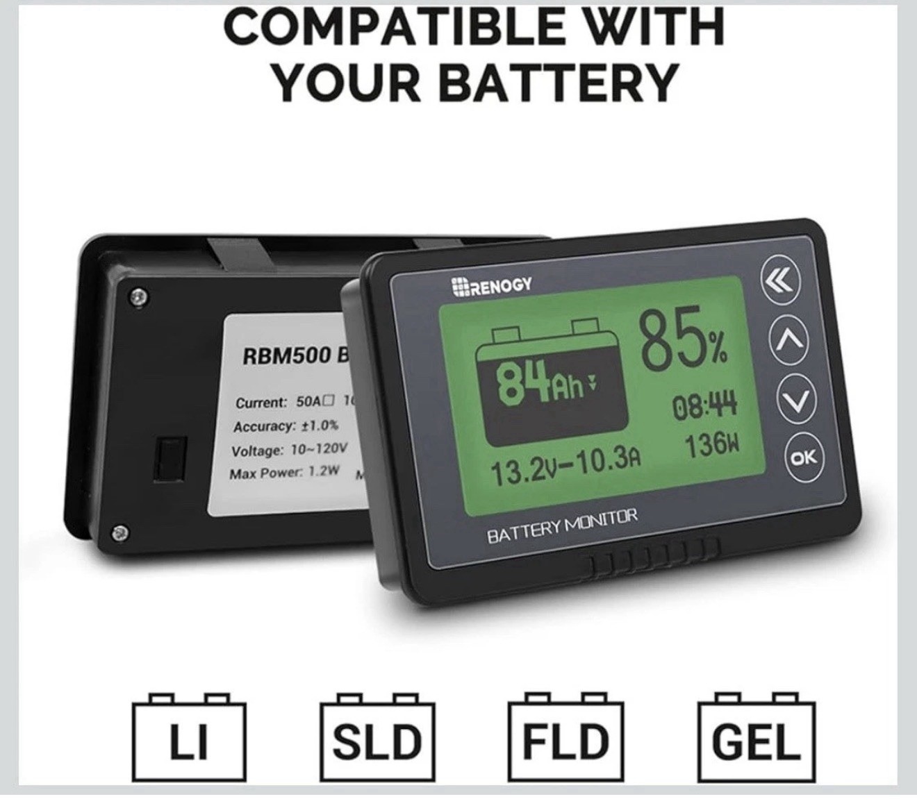 Renogy 500A Battery Monitor High and Low Voltage Programmable Alarm 500A Shunt