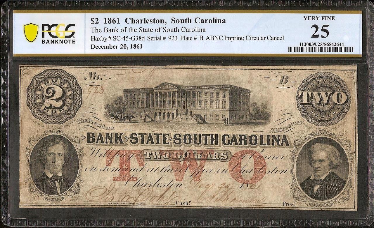 1861 $2 TWO DOLLAR BILL SOUTH CAROLINA BANK NOTE OLD CIVIL WAR MONEY PCGS 25
