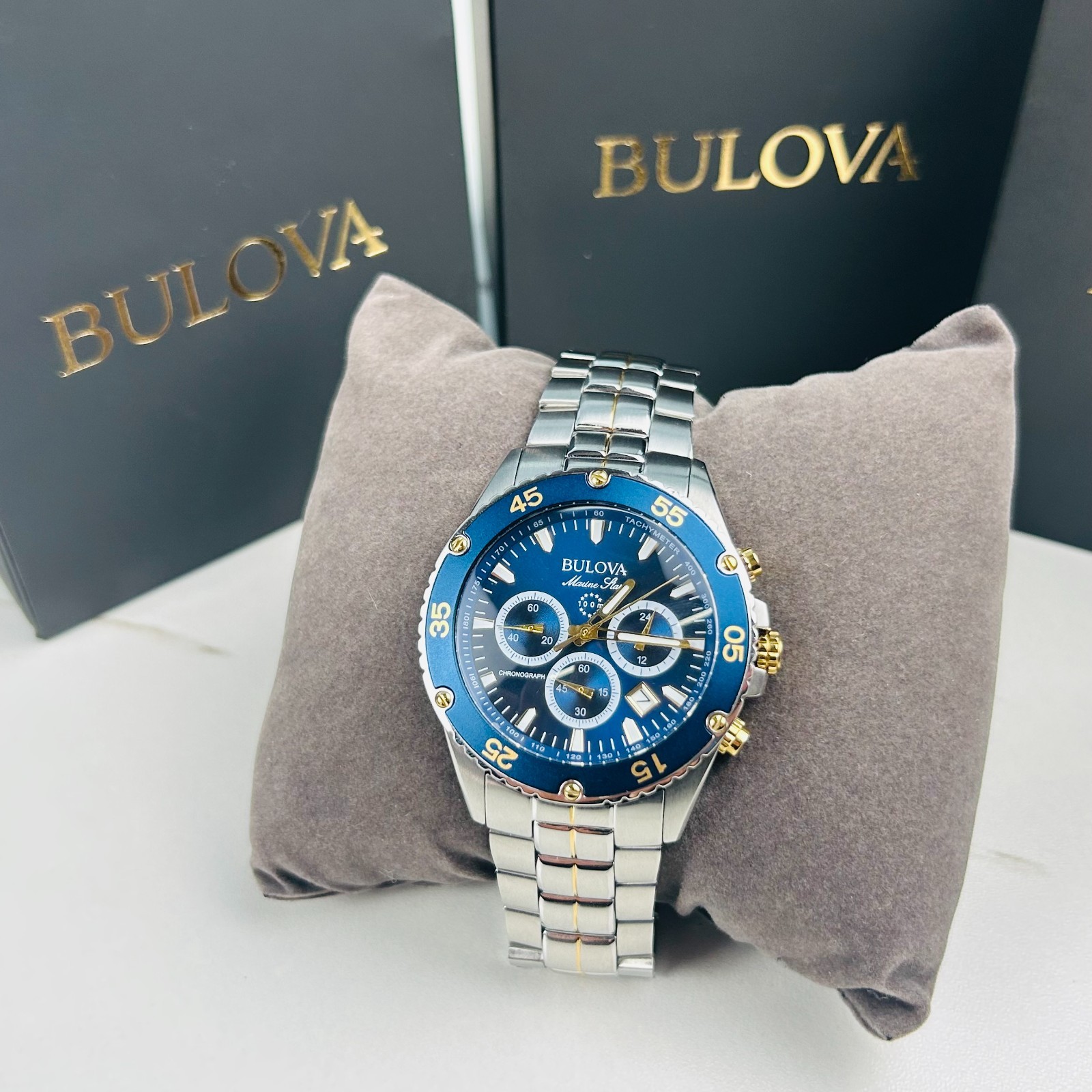 Bulova Marine Star 98B400 Men's Blue Dial Stainless Chronograph Quartz Watch New