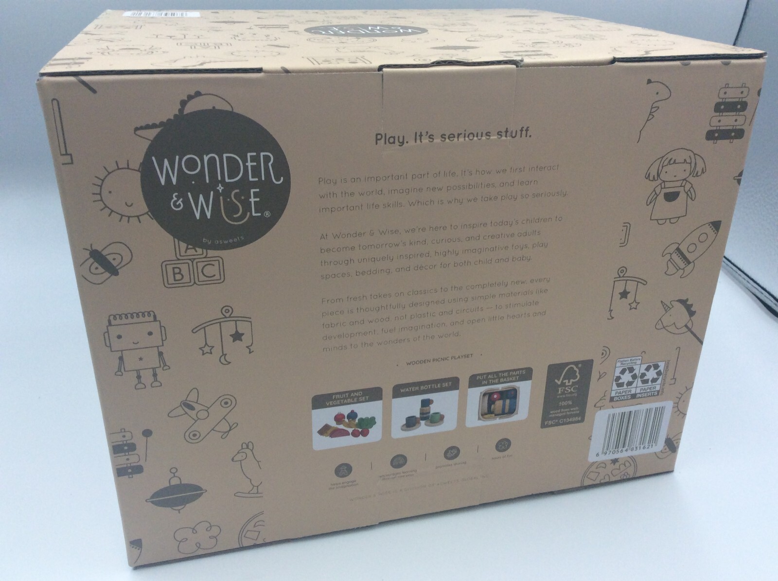 Wonder Wise 29 Pc Wooden Picnic Playset Water Bottle Fruit/Vegetable Set, BNIB