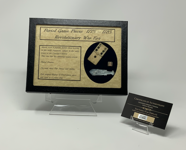 Revolutionary War Era Game Pieces Domino, Stamp Act Dice, & Poker Chip with Case
