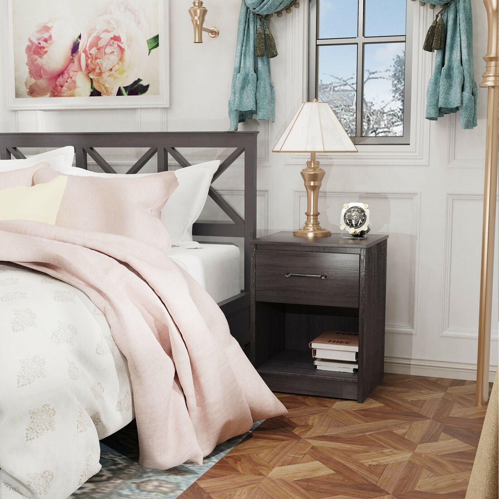 Nightstand with Drawer Storage Shelf Wooden End Side Table Bedroom Black