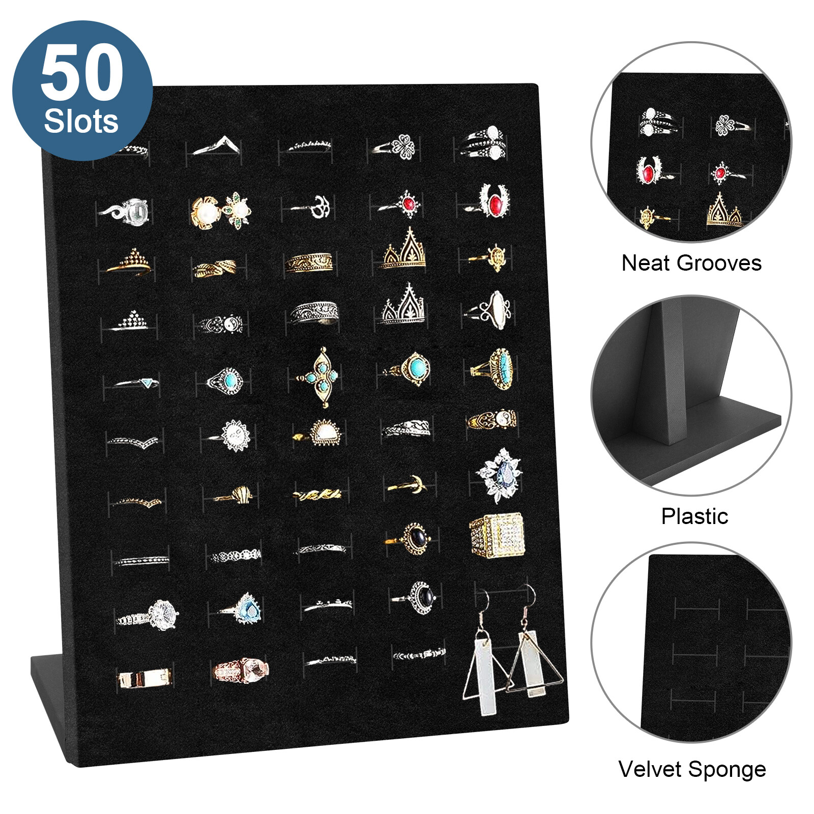 Velvet Ring Display Stand, 50 Slots L-Shaped Jewelry Holder Showcase Organizer
