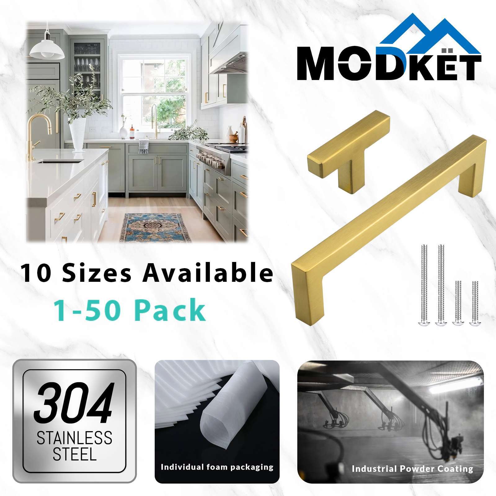 Gold Square Brushed Satin Brass Cabinet Handles Pulls Kitchen Stainless Steel