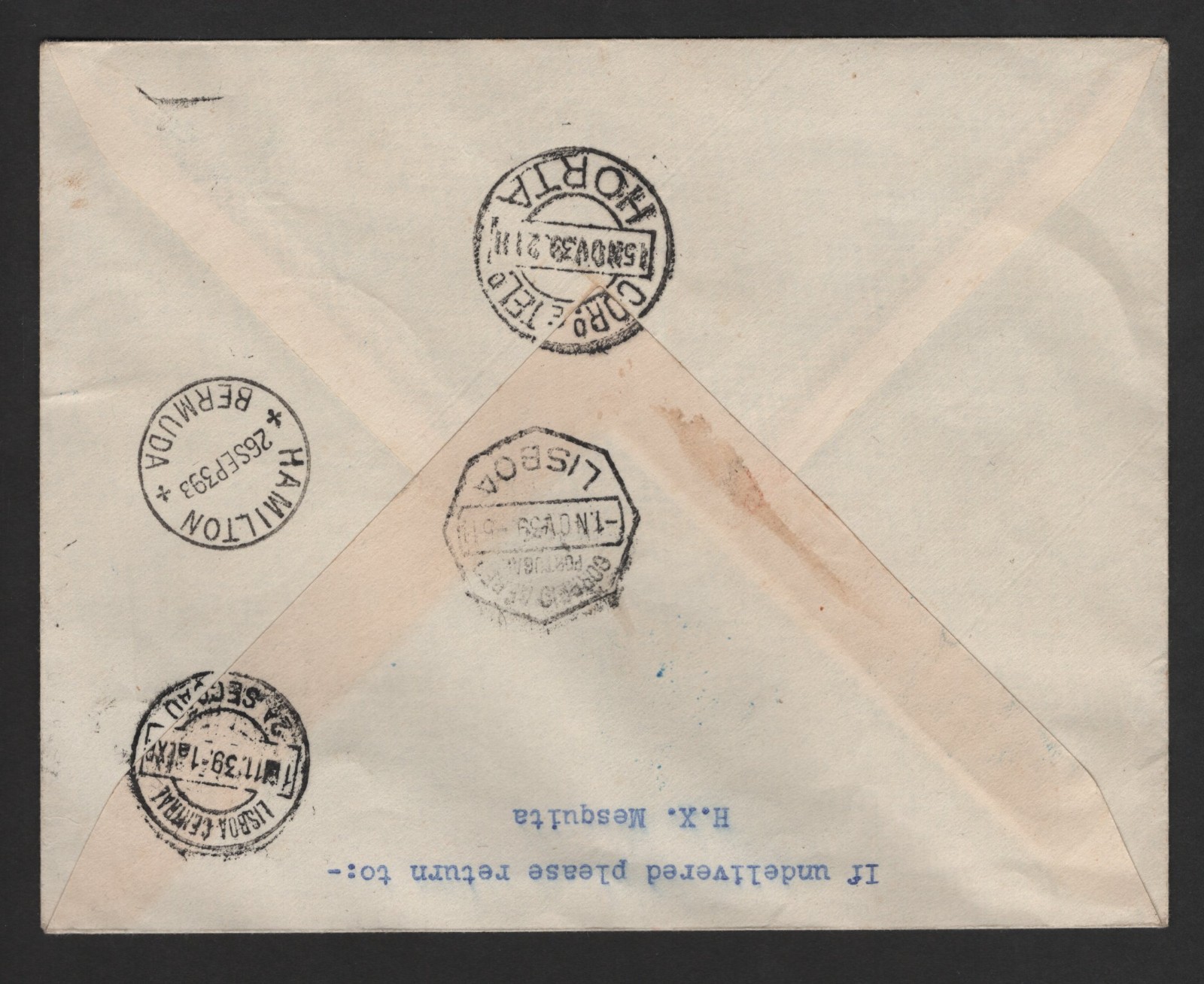 PORTUGAL 1939 FAYAL AZORES TO BERMUDA FIRST FLIGHT COVER SCARCE CACHET