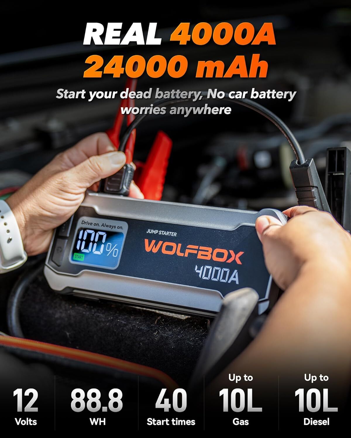 WOLFBOX Portable Car Jump Starter Booster Power Bank Car Battery Charger 4000A