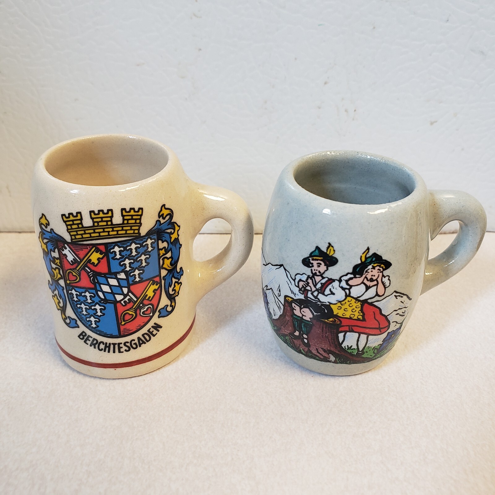 2 VINTAGE West Germany CERAMIC SMALL MINI BEER STEIN MUG SHOT Tiny Stines 2"