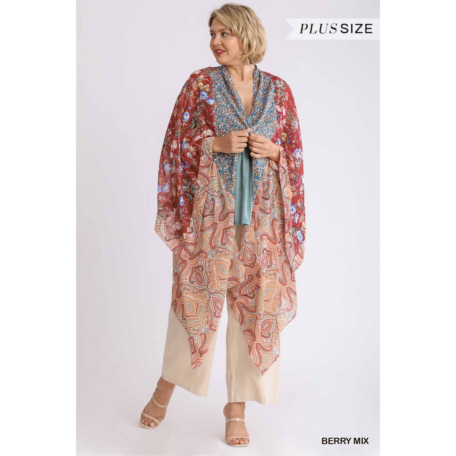 Umgee Sheer Long Paisley Floral Boho Kimono in Berry Mix Plus Size 1XL/2XL