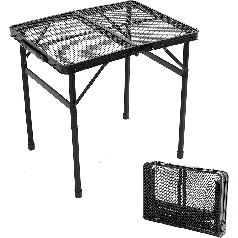 3FT 2-Fold Camping Table with Mesh Desktop Adjustable Height BBQ Grill Table