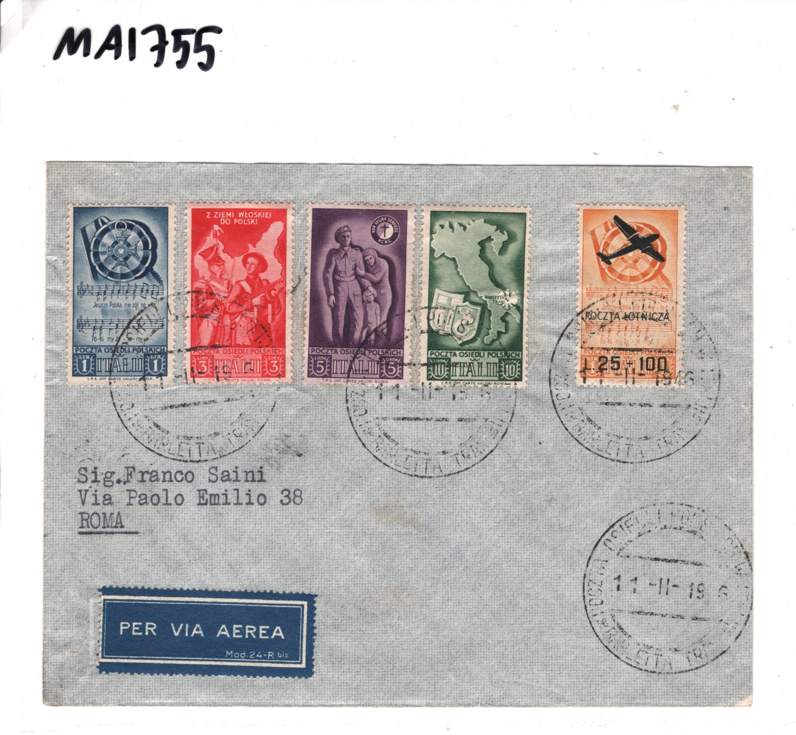ITALY/POLAND Air (WW2) Cover POCZTA OSIEDLI POLSKICH ITALII 1946 Military MA1755