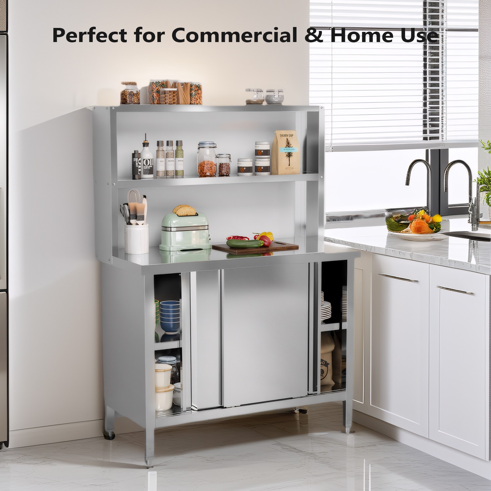 Stainless Steel Kitchen Prep Table with Cabinet & Adjustable Feet 230lb Capacity