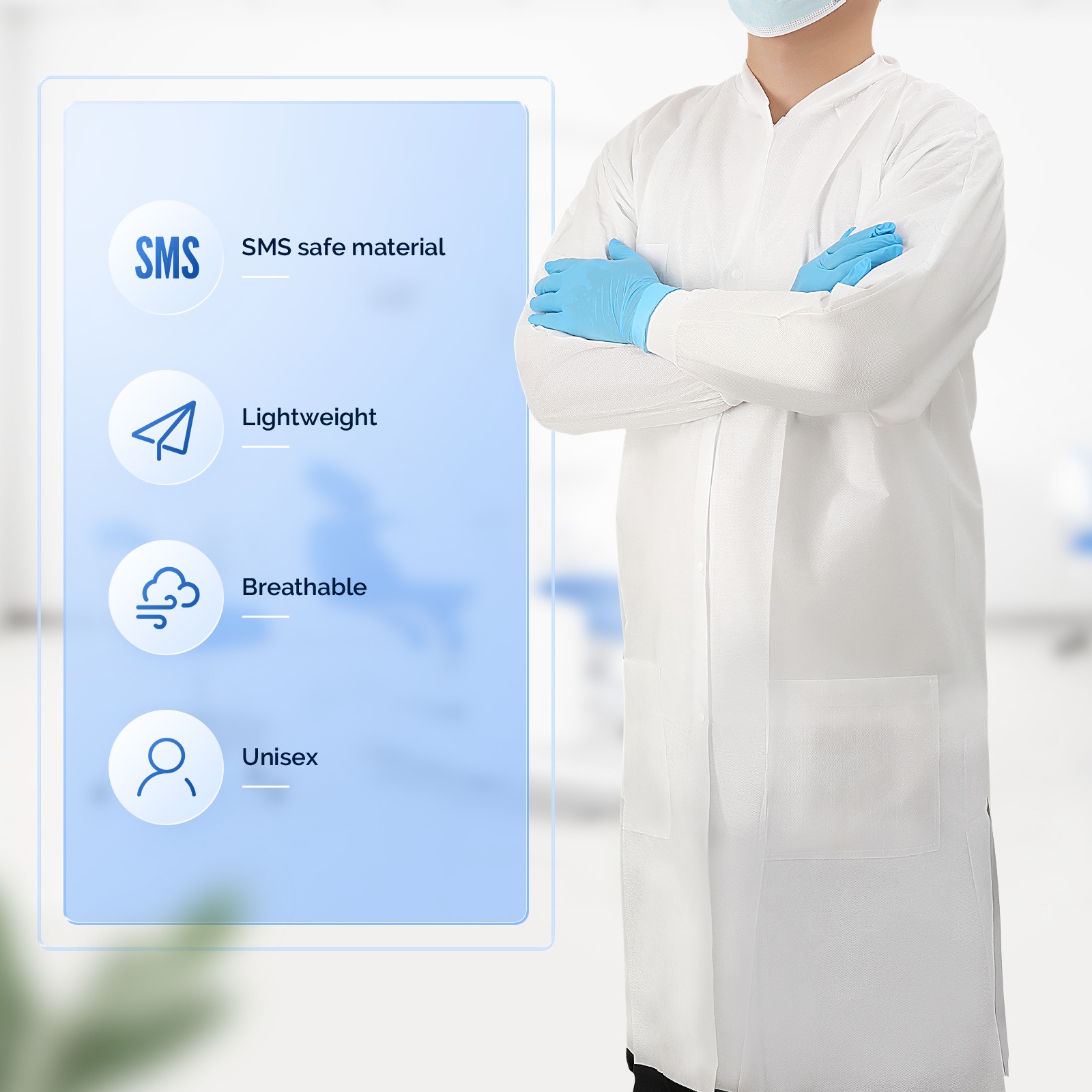 JMU Disposable Lab Jackets Unisex Knee Length Lab Coats w/ Knit Cuffs 3 Pockets