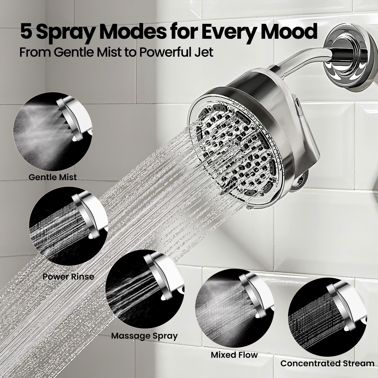 5 Spray Settings Filtered Shower Head with High Pressure & Water Softener