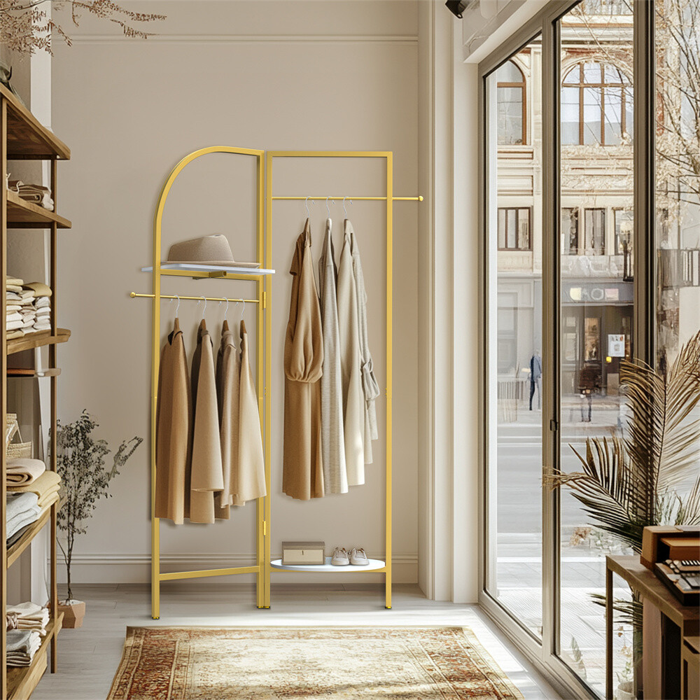 Corner Gold Metal Clothing Rack Freestanding Clothes Coat Rack 90-180° Unfolding