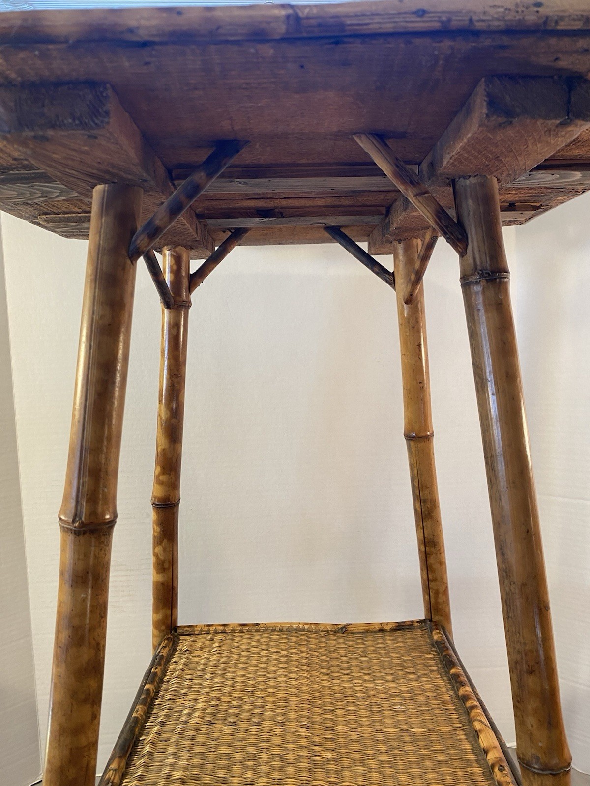 Antique 2 Tier Tiger Bamboo Side Table Victorian Aesthetic Painted Top **READ**