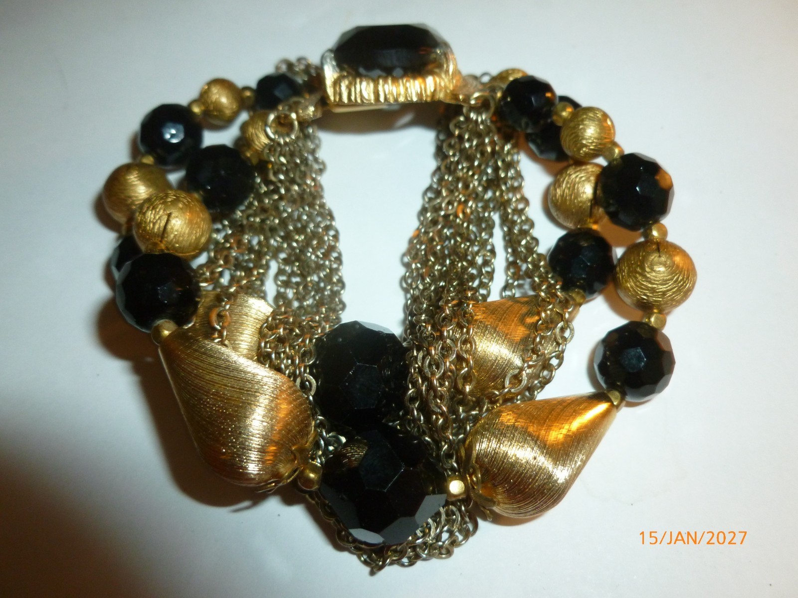 Vintage Black Faceted Rhinestone Gold Tone Bon Bons Chains Bracelet 7" Quality
