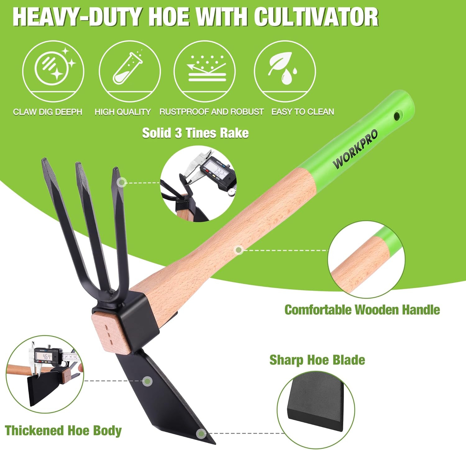 Hoe and Cultivator Garden Rake with 14" Wooden Handle, Sharp Hoe Blade & Sturdy