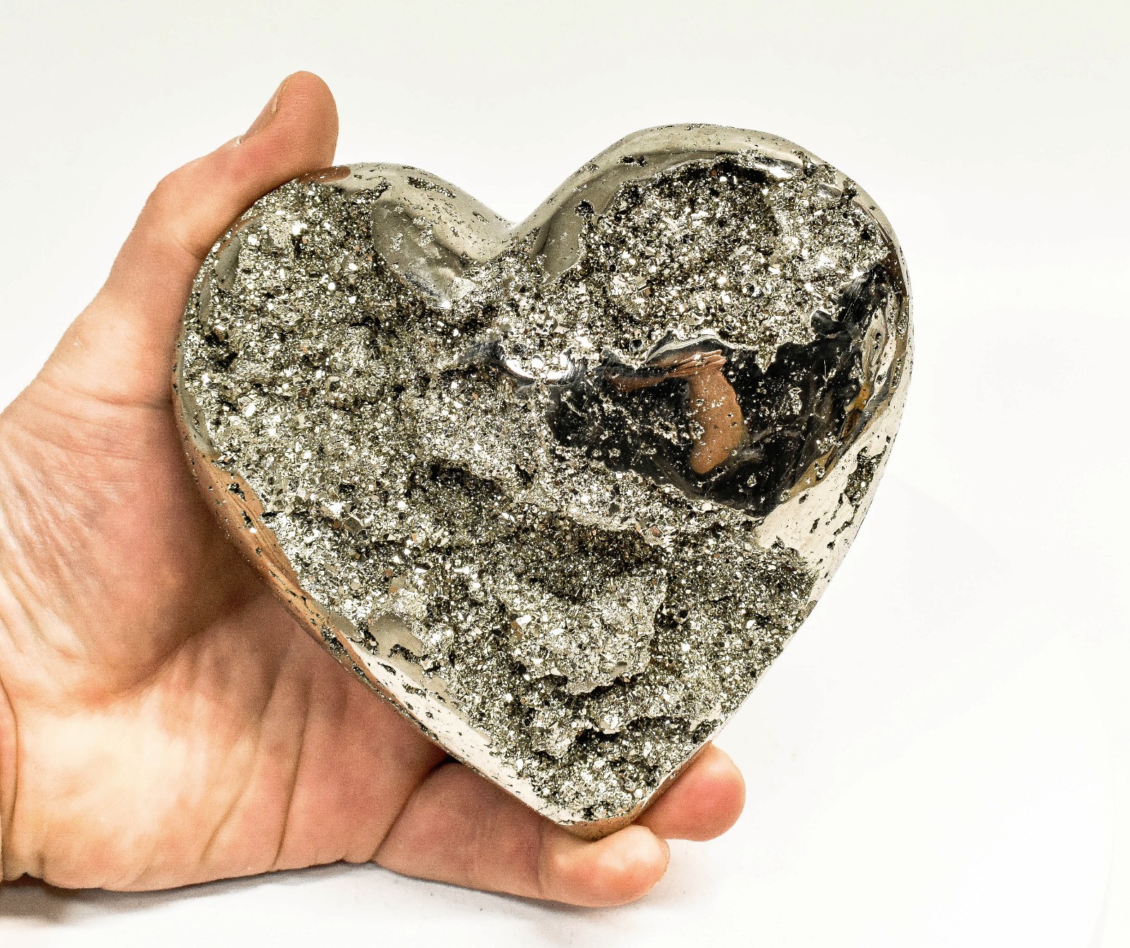 4.88" Polished PYRITE CRYSTAL HEART Carving Huanzala mine, Peru T705