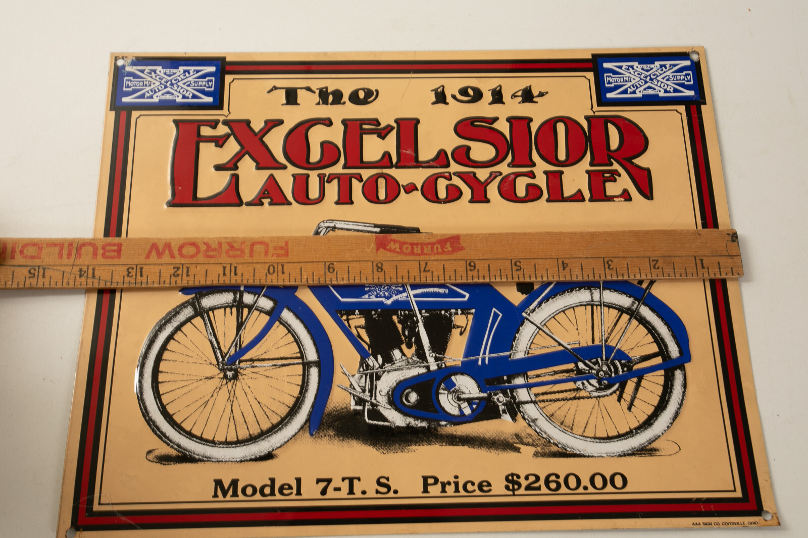 The 1914 Excelsior (P4L) Motorcycle Sign (JSF6) Model 7-T.S. Tin Tacker 14x11"
