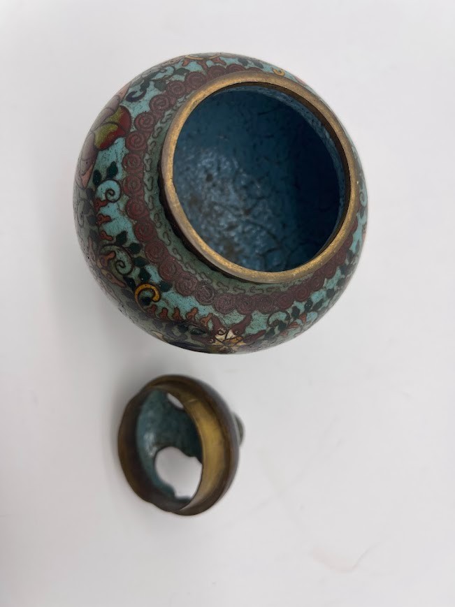 Antique Chinese cloisonné three-legged incense burner