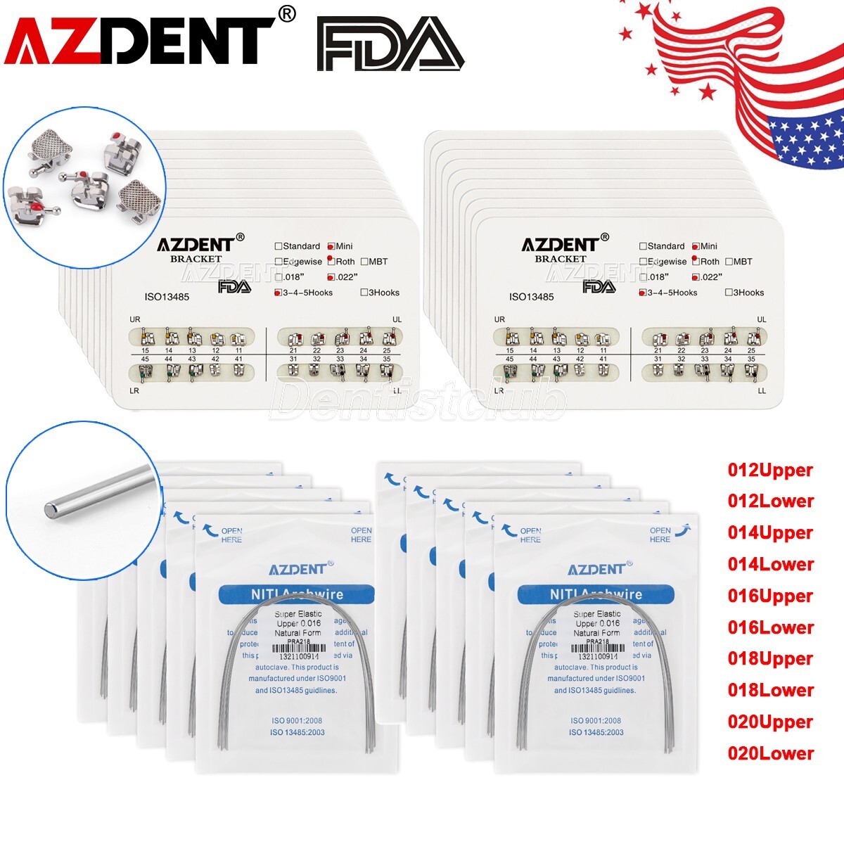 AZDENT Dental Orthodontic Braces Brackets Mini Roth.022 Hook345/Arch Wire Nature