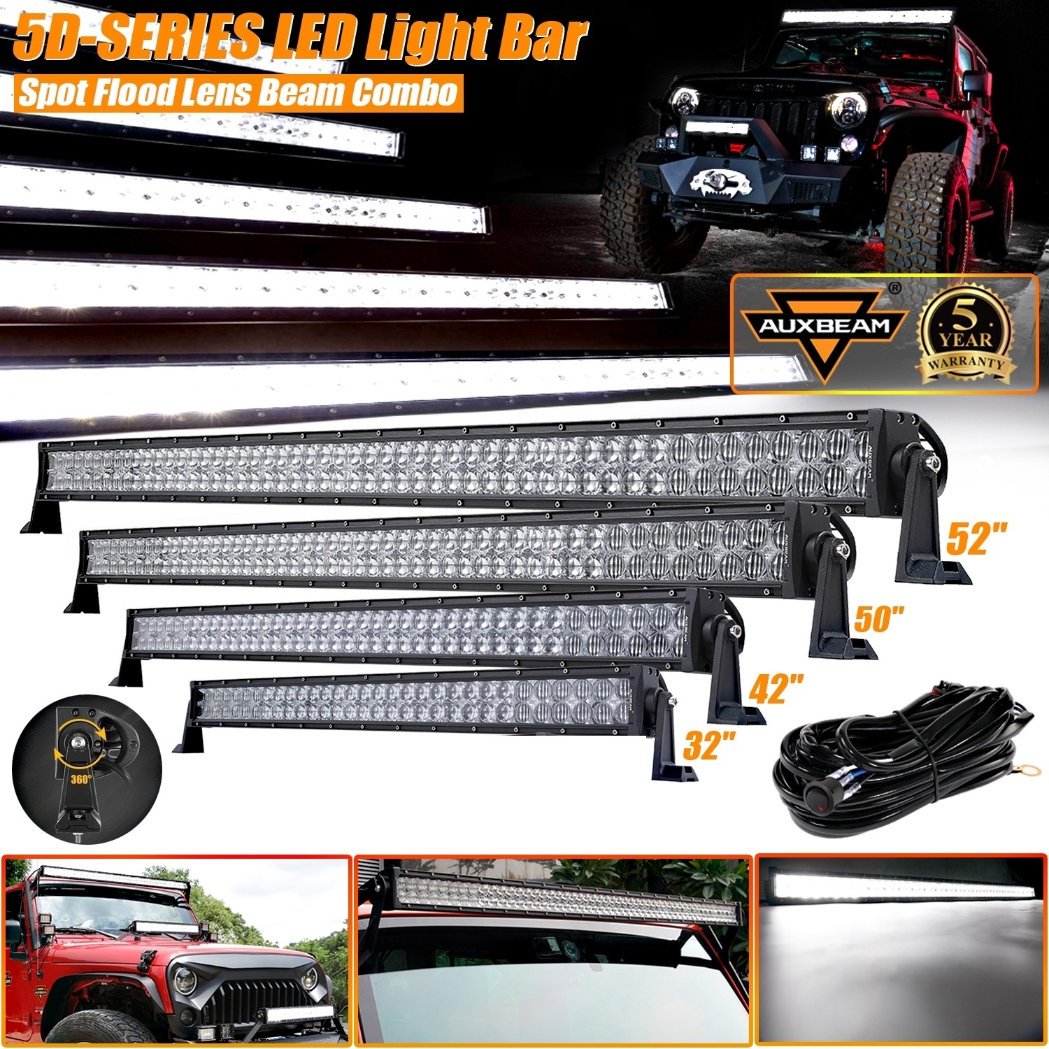 AUXBEAM 22/32/42/50/52" 5D Lens Curved Stright LED Light Bar Combo Offroad Lamp