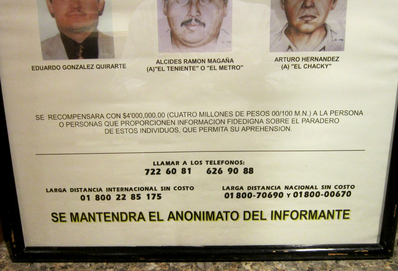 RARE Mexican Drug Lords Wanted Poster Framed ( 6 Drug Lords ) 19" x 25" -Spanish
