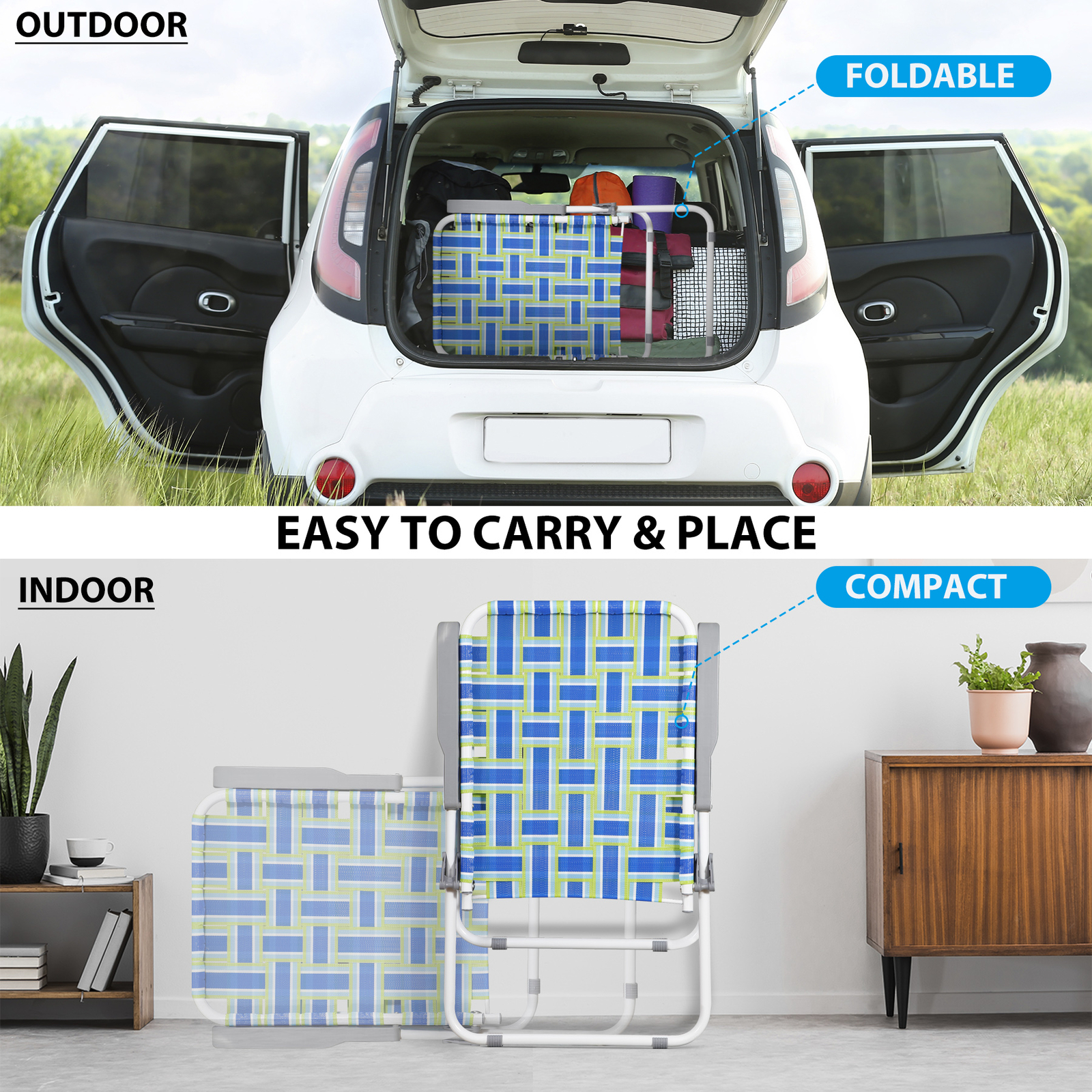 Metal Frame Blue Beach Chairs Set of 2 Webbed Folding Patio Lawn Camping Chairs