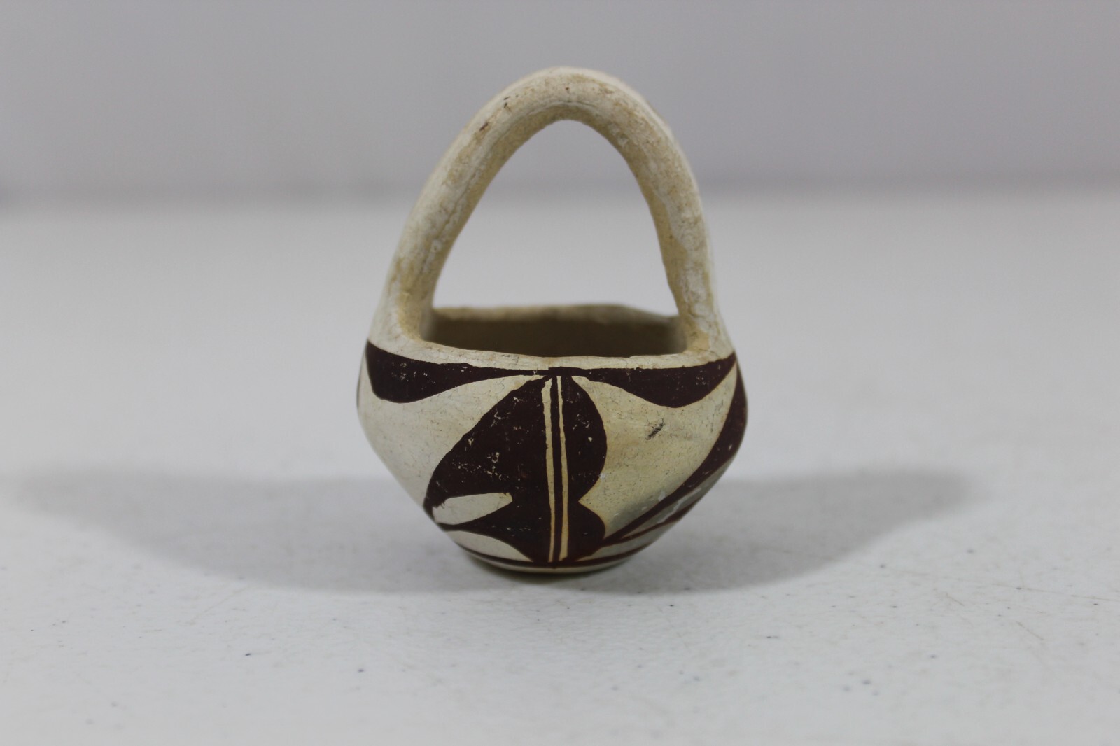 Vintage Acoma Pottery Small Basket Bowl 2.5" Tall Unsigned White & Brown