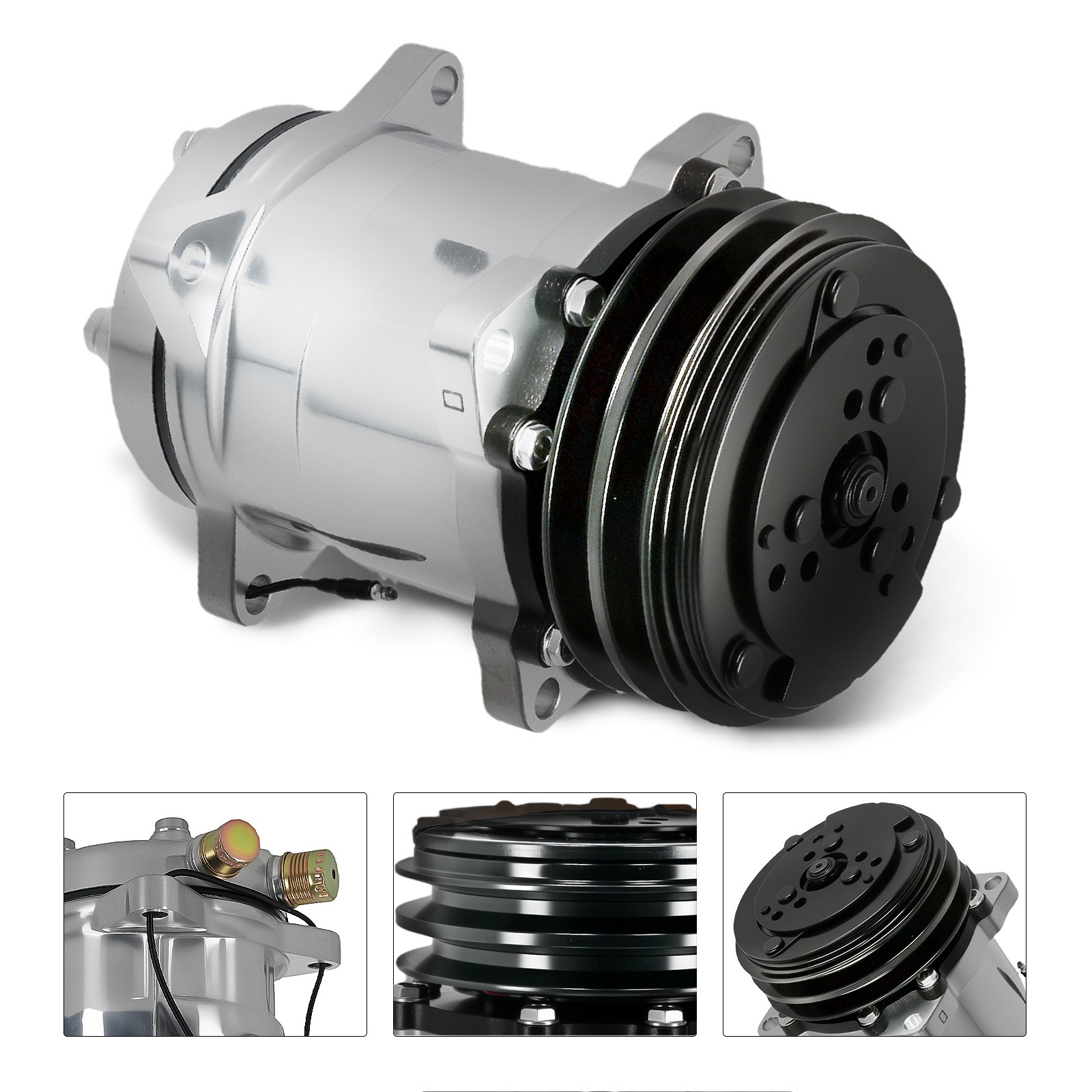 A/C Compressor w/ 2-Groove Pulley For Sanden 508 Style V-Belt 12V Chrome Black