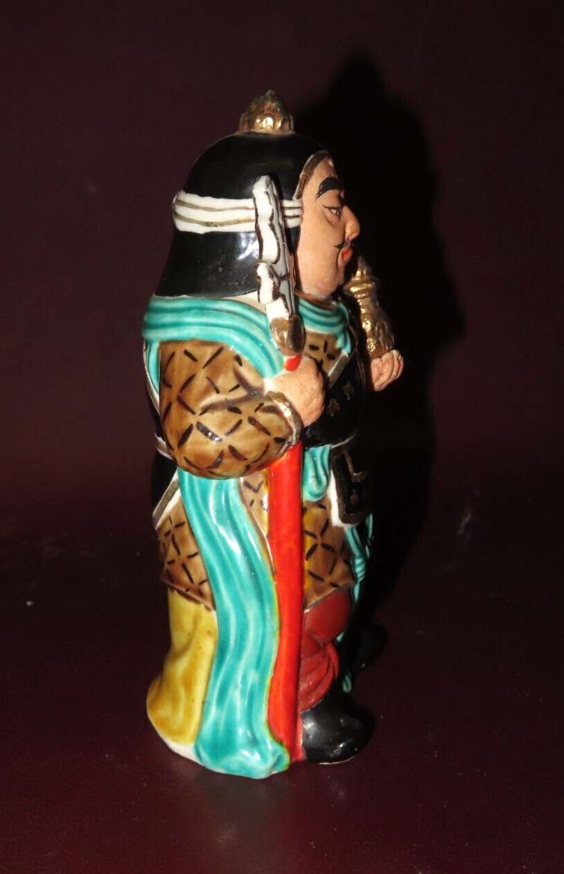 Vintage 6" Tall Hand Painted Japanese Porcelain Buddha Guard Figure w/ Staff
