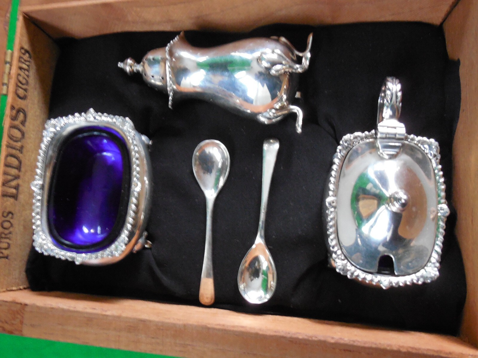 Mappin & Webb Sterling Silver Condiment Set in Cigar Box ~