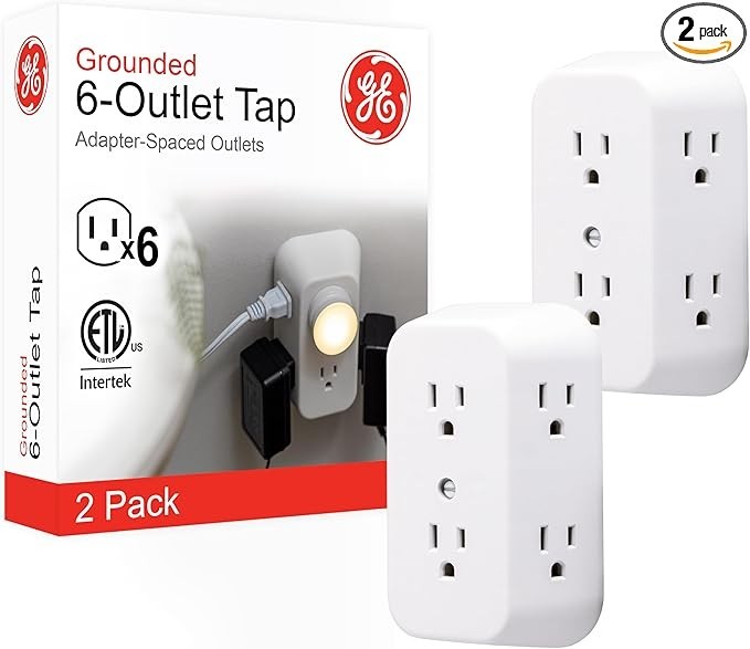 6-Outlet Extender, 2 Pack, Grounded Wall Tap, Adapter Spaced Outlet