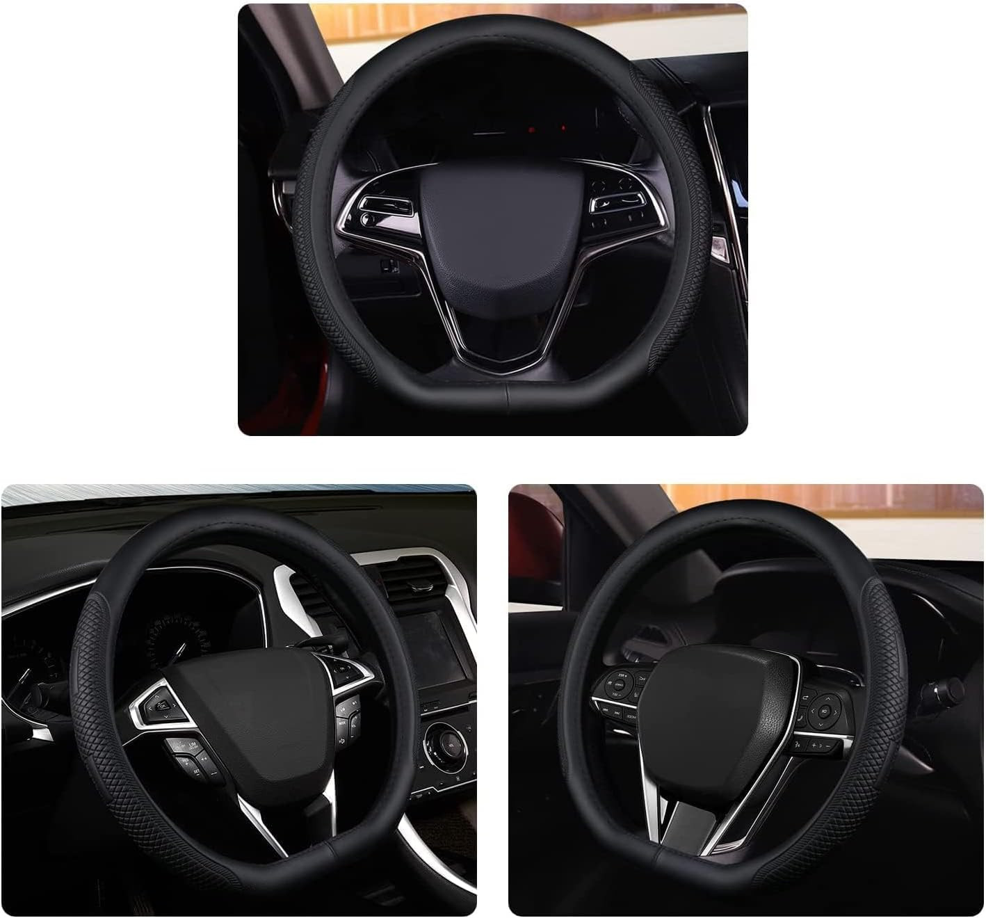 D Shape Steering Wheel Cover,Universal 14.5-15 Inch Car Black Leather Steering W