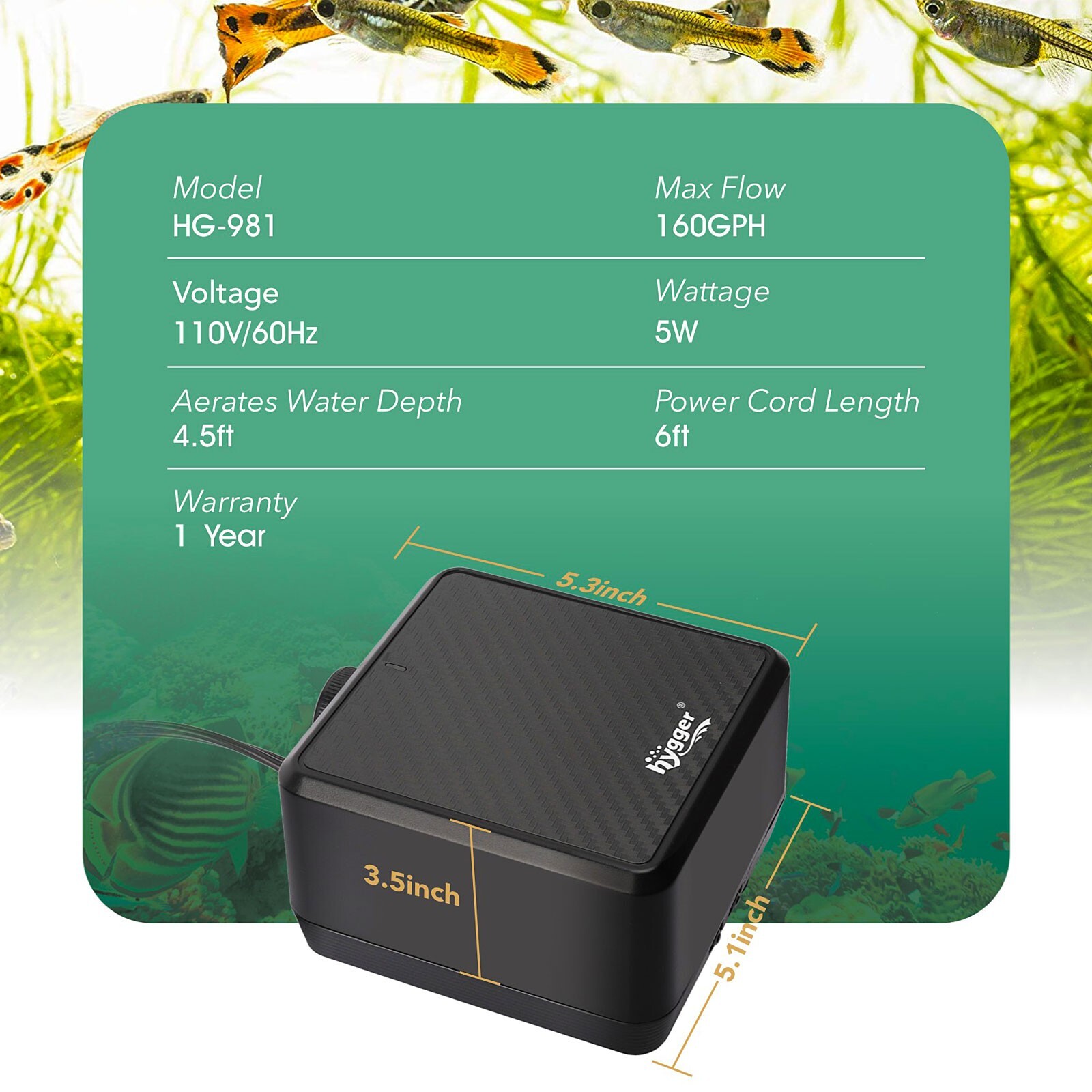 hygger 5W/10W Dual Outlet Aquarium Air Pump Silent Adjustable Oxygen Up to 150G