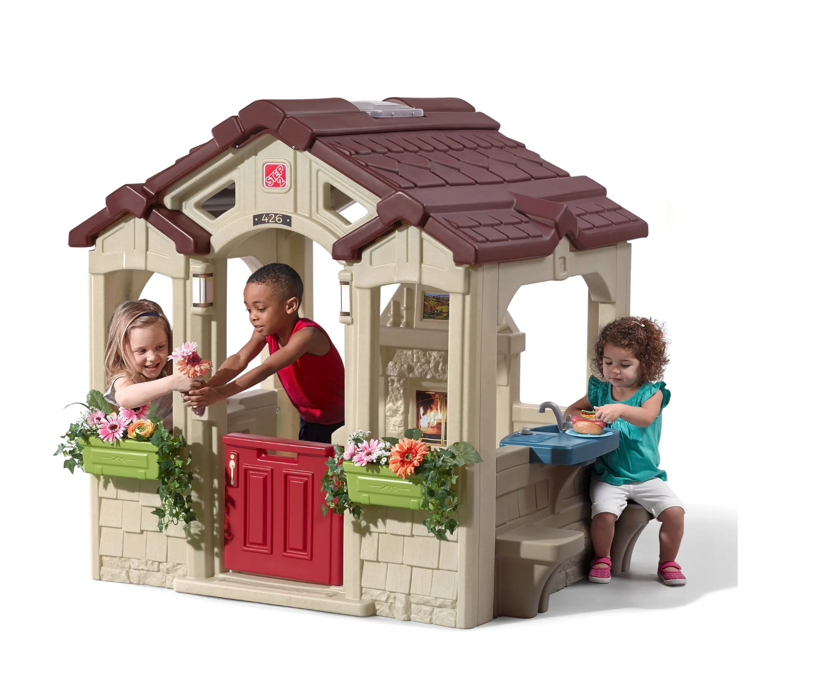 Kids Playhouse Outdoor Plastic Child Toddler Cottage Play House Toy W/ Fireplace