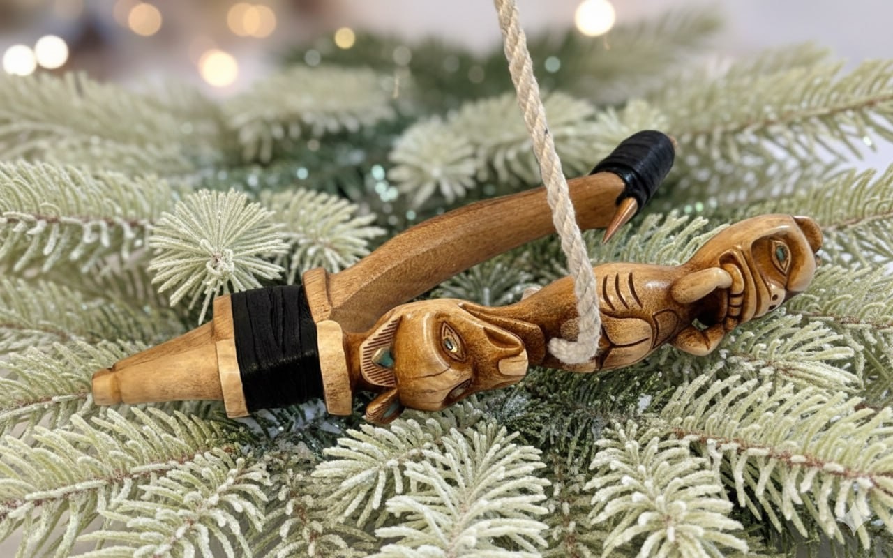 Wolf and Beaver Totem Halibut Hook, Shell Inlay, Northwest Coast Design