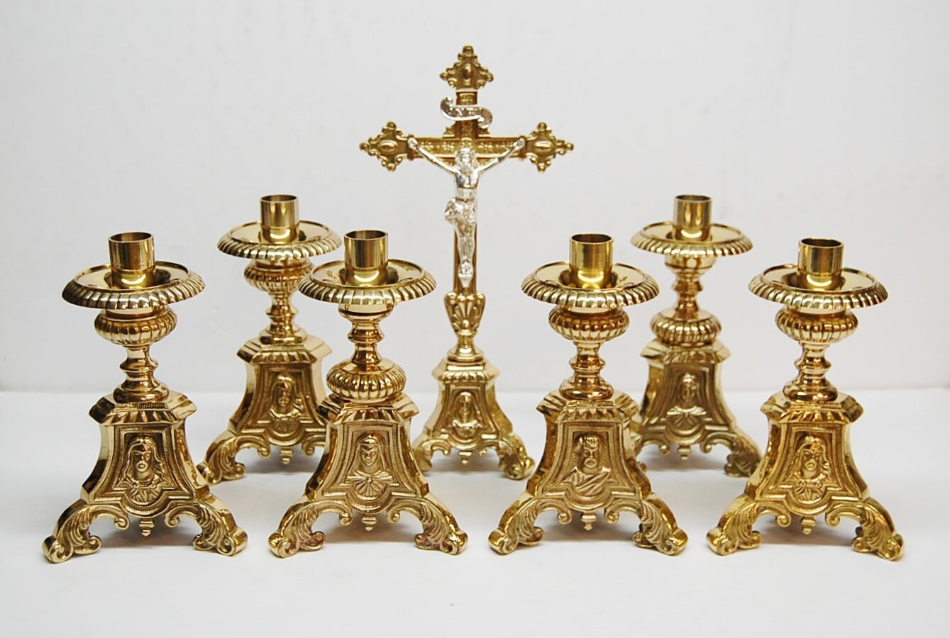 7 PC. ALTAR SET - 6 SHORT 6" BRASS JMJ ALTAR CANDLE STICKS & ALTAR CROSS - 175sh