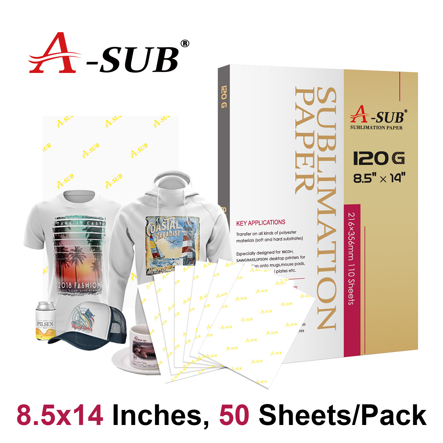 A-SUB 120g Sublimation Paper 8.5x14 50 Sheets Sample Pack Inkjet Heat Transfer