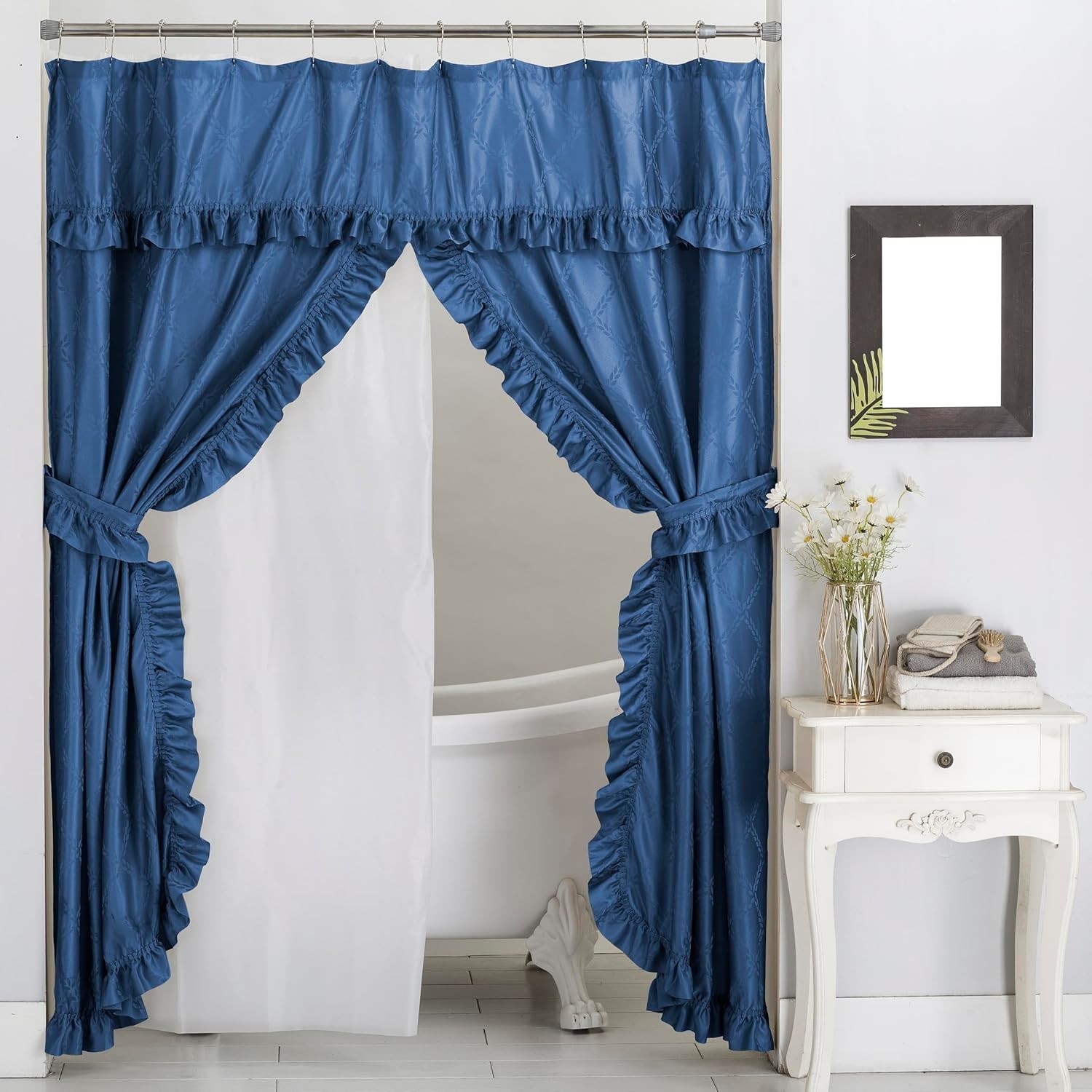Double Swag Ruffled Fabric Shower Curtain Set, PEVA Liner and Roller Rings