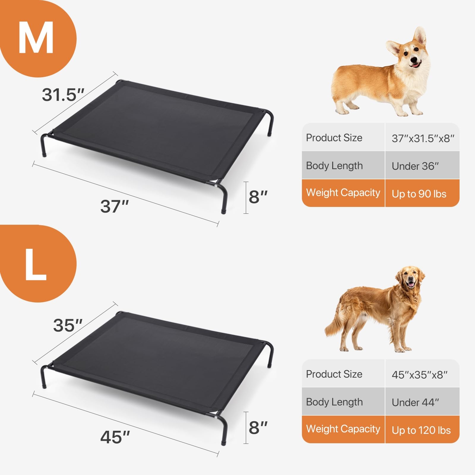 Black Elevated Dog Bed Outdoor Raised Pet Cot Cooling Mesh 37 Inches Waterproof