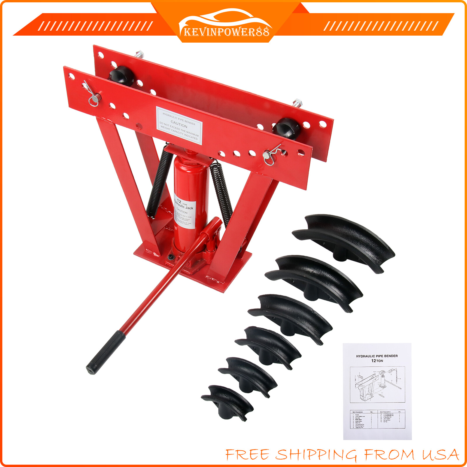 12 Ton Pipe Bender Manual Hydraulic Piping Bending Exhaust Tube w/6 Dies Size