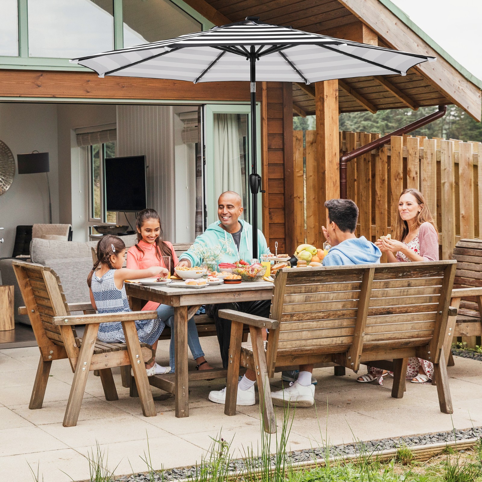 Sun-Ray9 Round Patio Umbrella with Solar Powered LED Lights, Tilt and Crank Lift
