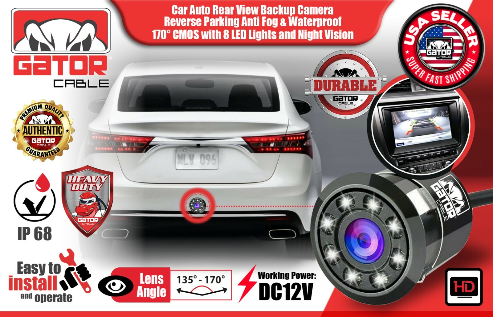 Car Rear View Backup Reverse Camera 170° CMOS 8 LED HD Night Vision Waterproof